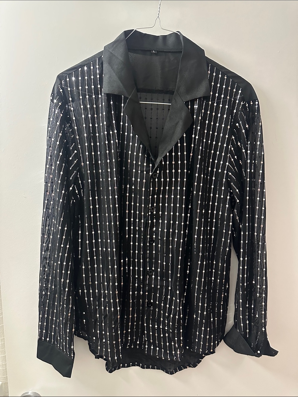 Men’s sequin 70s Disco Shirt - Retro Button Up Custome, Lg